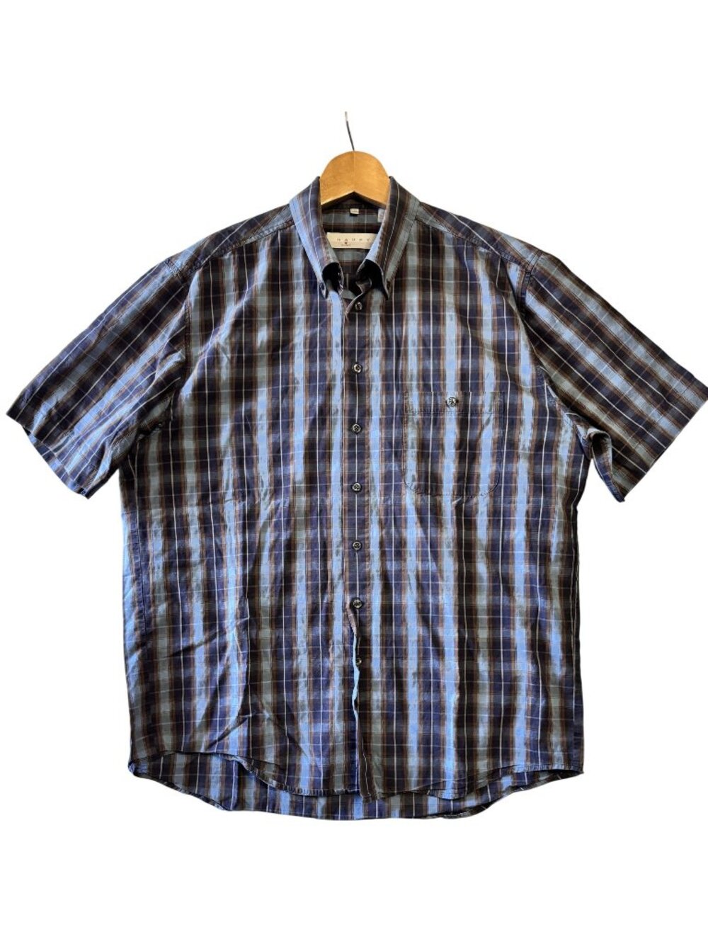 Haupt Mens Short Sleeve Button-Down Plaid Shirt 100% Cotton Size L